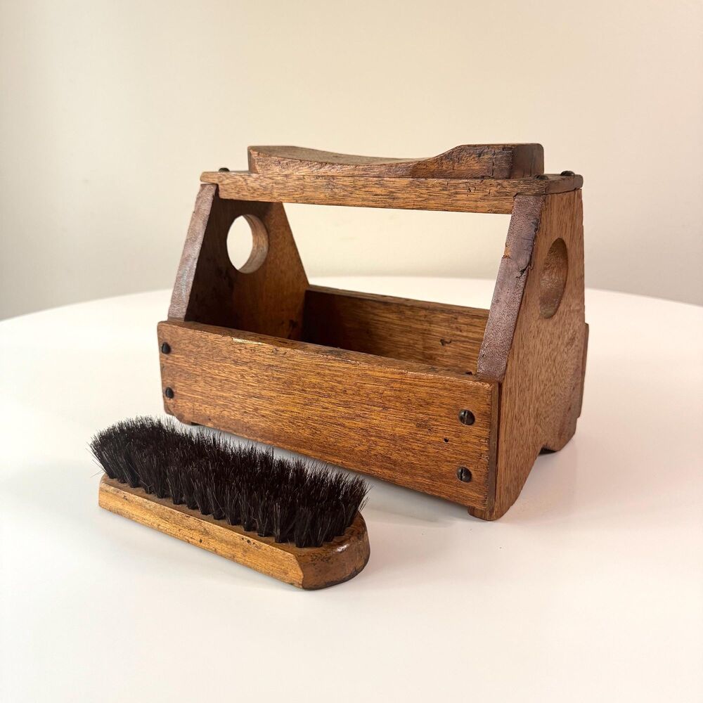 Vintage Wooden Shoe Shine Box & Horsehair Brush / Rustic Primitive Wood Caddy